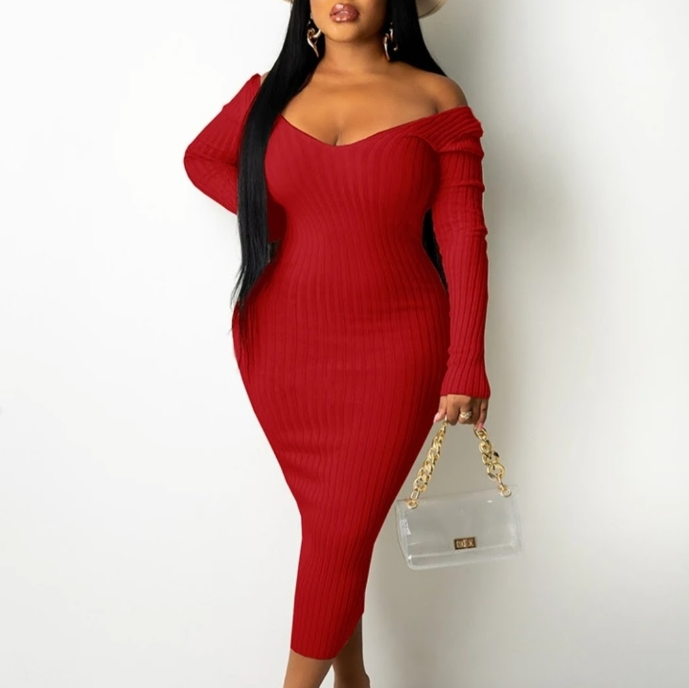 Off the shoulder ribbed midi dress